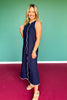 Navy Linen Sleeveless Contrast Maxi Dress