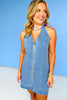 Denim Halter Neck Sleeveless Front Zip Dress