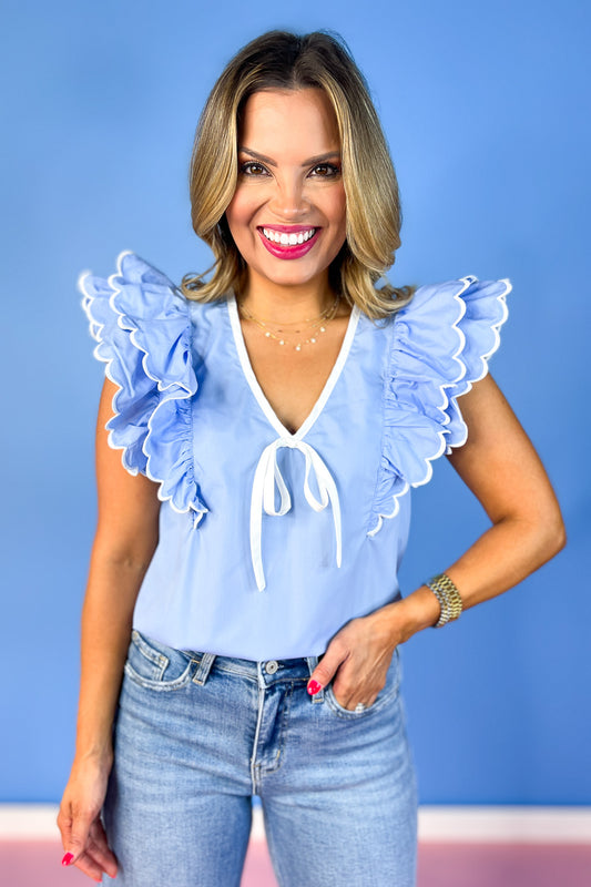 Blue V Neck Bow Detail Multi Ruffle Shoulder Top, bow detail, elevated, unique, spring, summer, ssys by mallory fitzsimmons