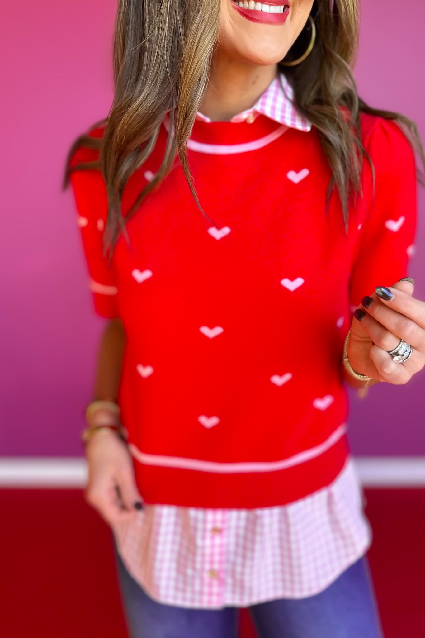 SSYS Callie Short Sleeve Sweater In Red Hearts