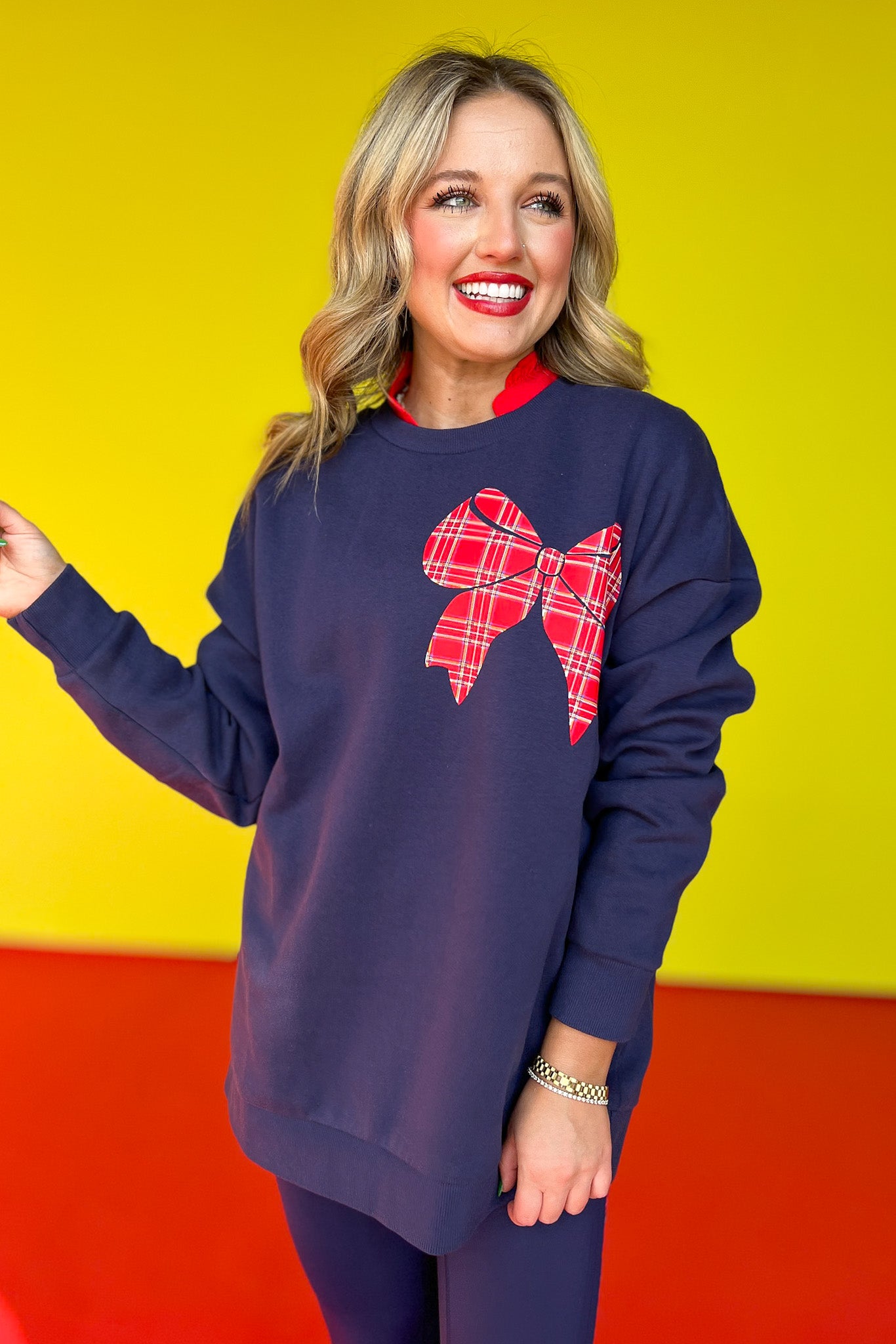 SSYS Tartan Bow Sweatshirt In Navy