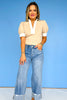 Beige Contrast Band V Neck Collar Short Sleeve Top