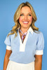 Blue Contrast Band V Neck Collar Short Sleeve Top