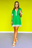 Green Contrast Print Band Collar V Neck Dress