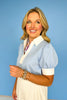 Blue Contrast Band V Neck Collar Short Sleeve Top