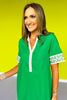 Green Contrast Print Band Collar V Neck Dress