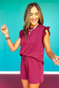SSYS Charlie Air Ruffle Shoulder Shorts Set In Maroon