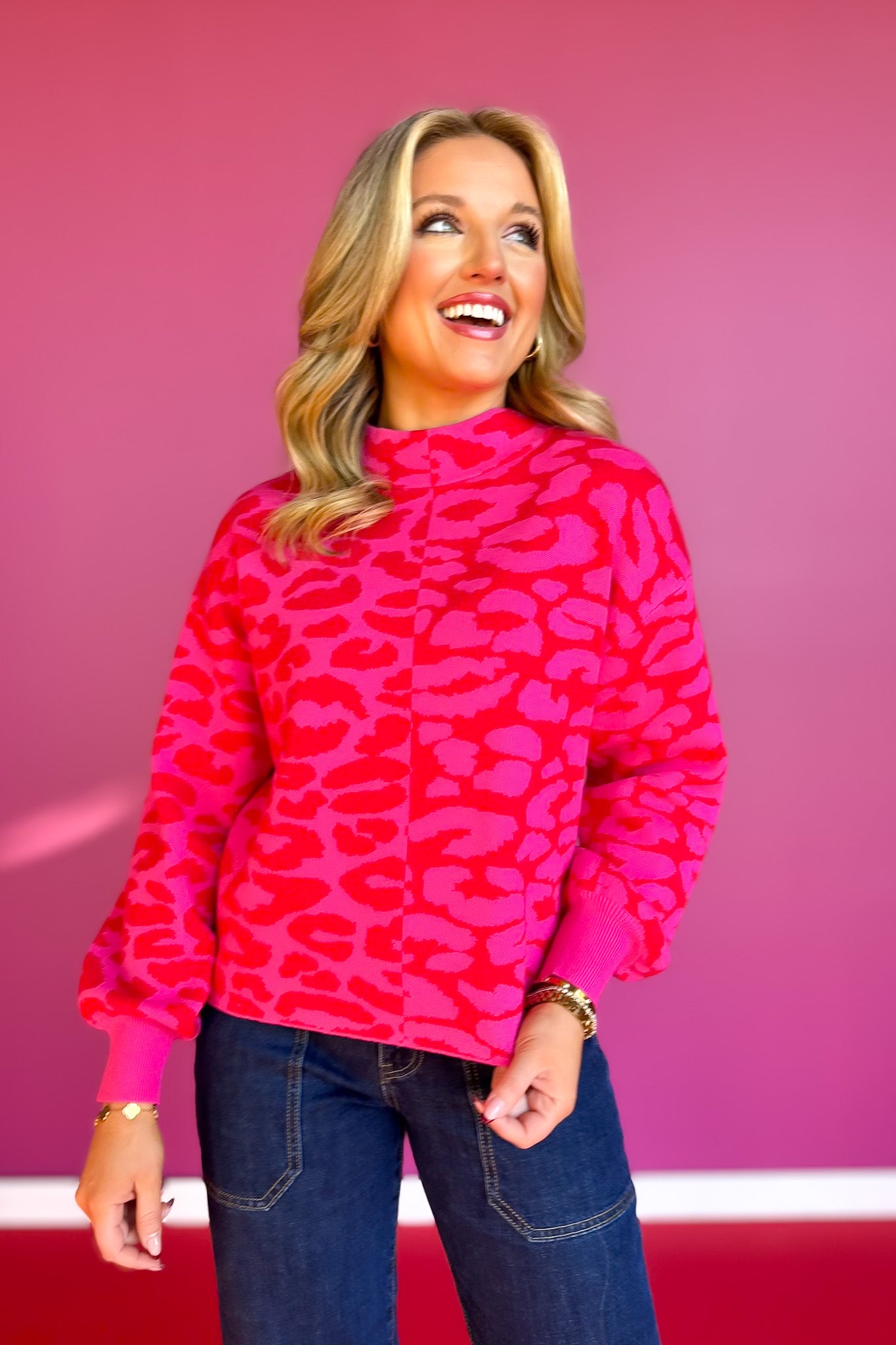 SSYS Cynthia Mock Neck Sweater In Pink Red Animal