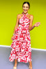 Red Paisley Print Tiered Halter Tie Midi Dress