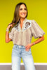 THML Brown Puff Sleeve Embroidered Top