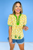 Yellow Floral Print Cross Knot Short Sleeve Top