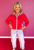 SSYS Maisy Red Varsity Knit Zip Up Sweater with Pink Hearts
