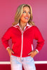 SSYS Maisy Red Varsity Knit Zip Up Sweater with Pink Hearts