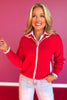 SSYS Maisy Red Varsity Knit Zip Up Sweater with Pink Hearts