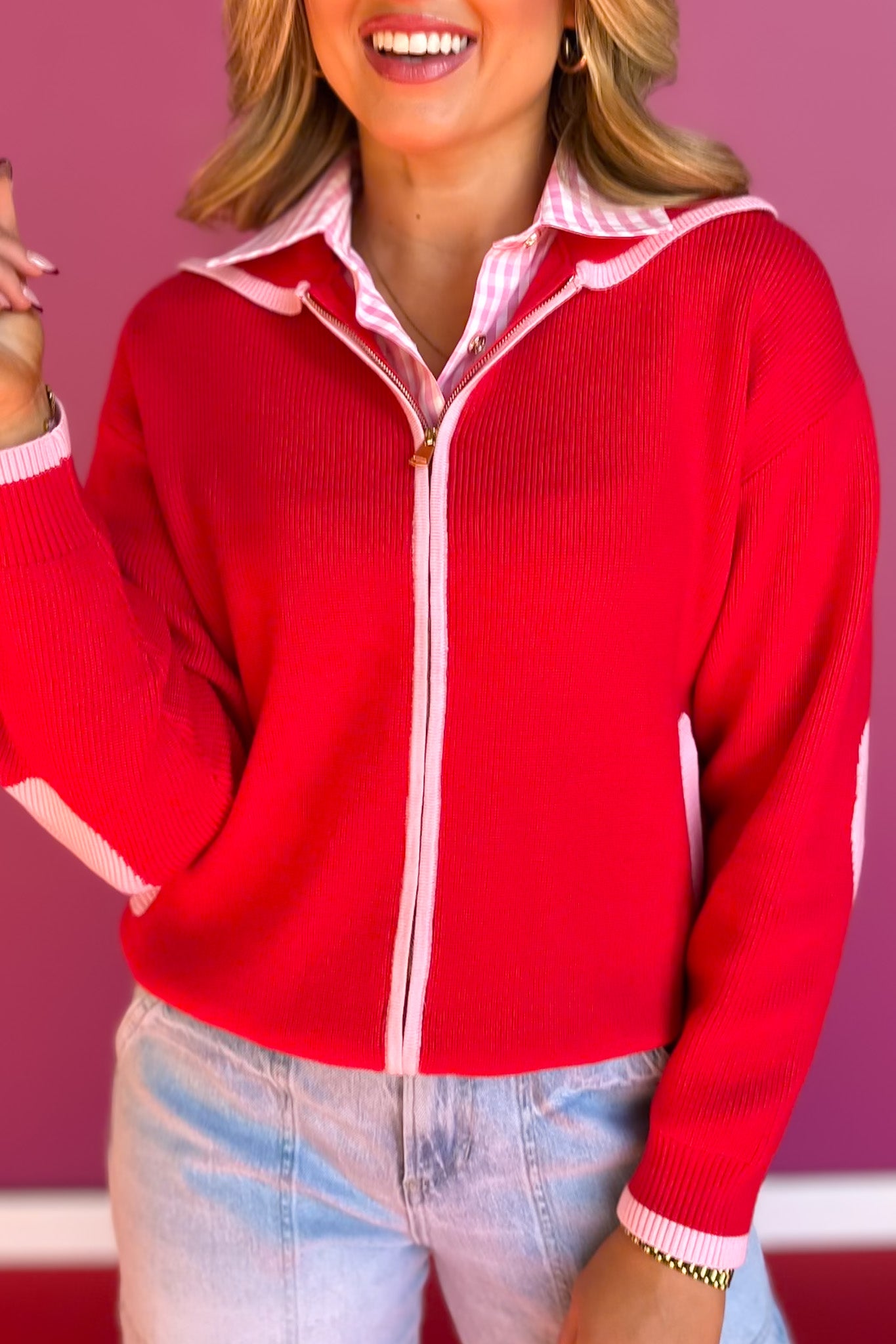 SSYS Maisy Red Varsity Knit Zip Up Sweater with Pink Hearts