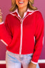 SSYS Maisy Red Varsity Knit Zip Up Sweater with Pink Hearts