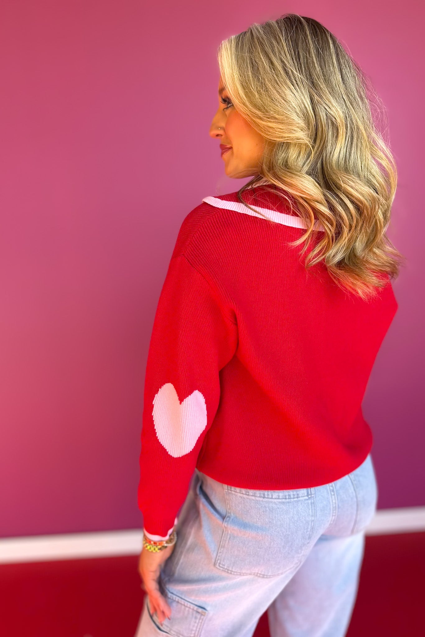 SSYS Maisy Red Varsity Knit Zip Up Sweater with Pink Hearts