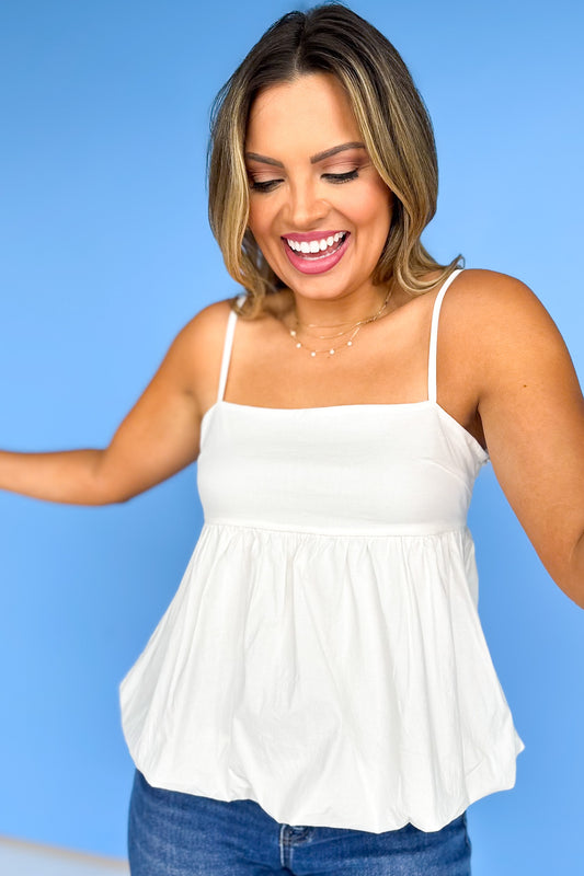 Off White Poplin Sleeveless Bubble Hem Top