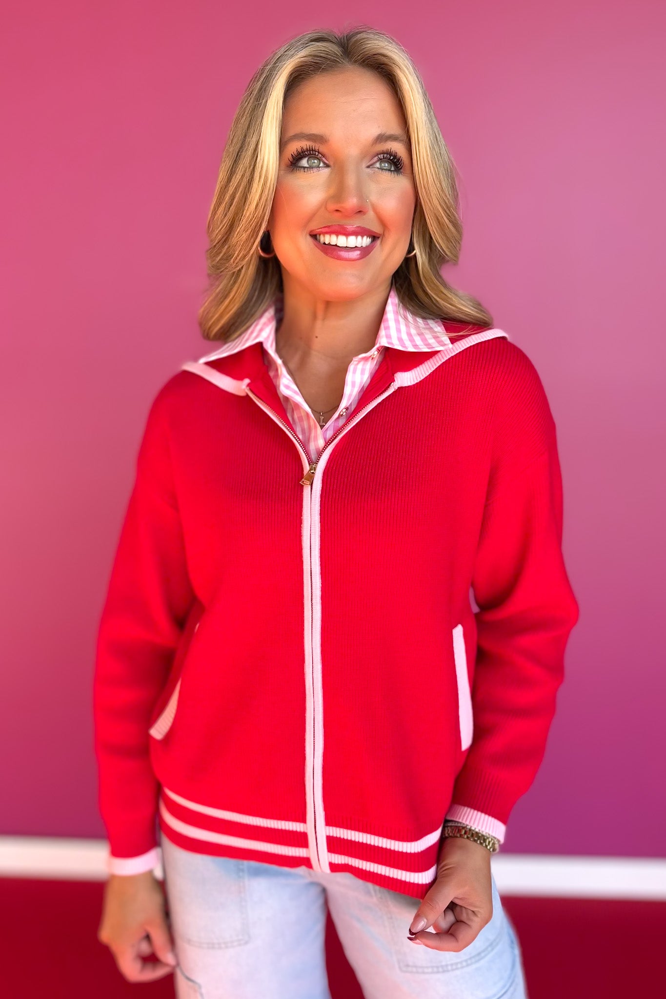 SSYS Maisy Red Varsity Knit Zip Up Sweater with Pink Hearts