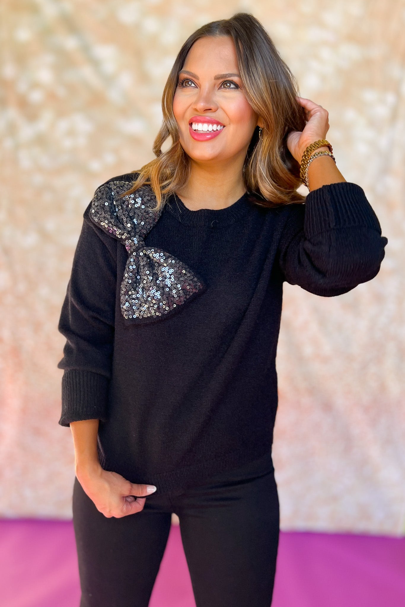 Black Sequin Bow Sweater