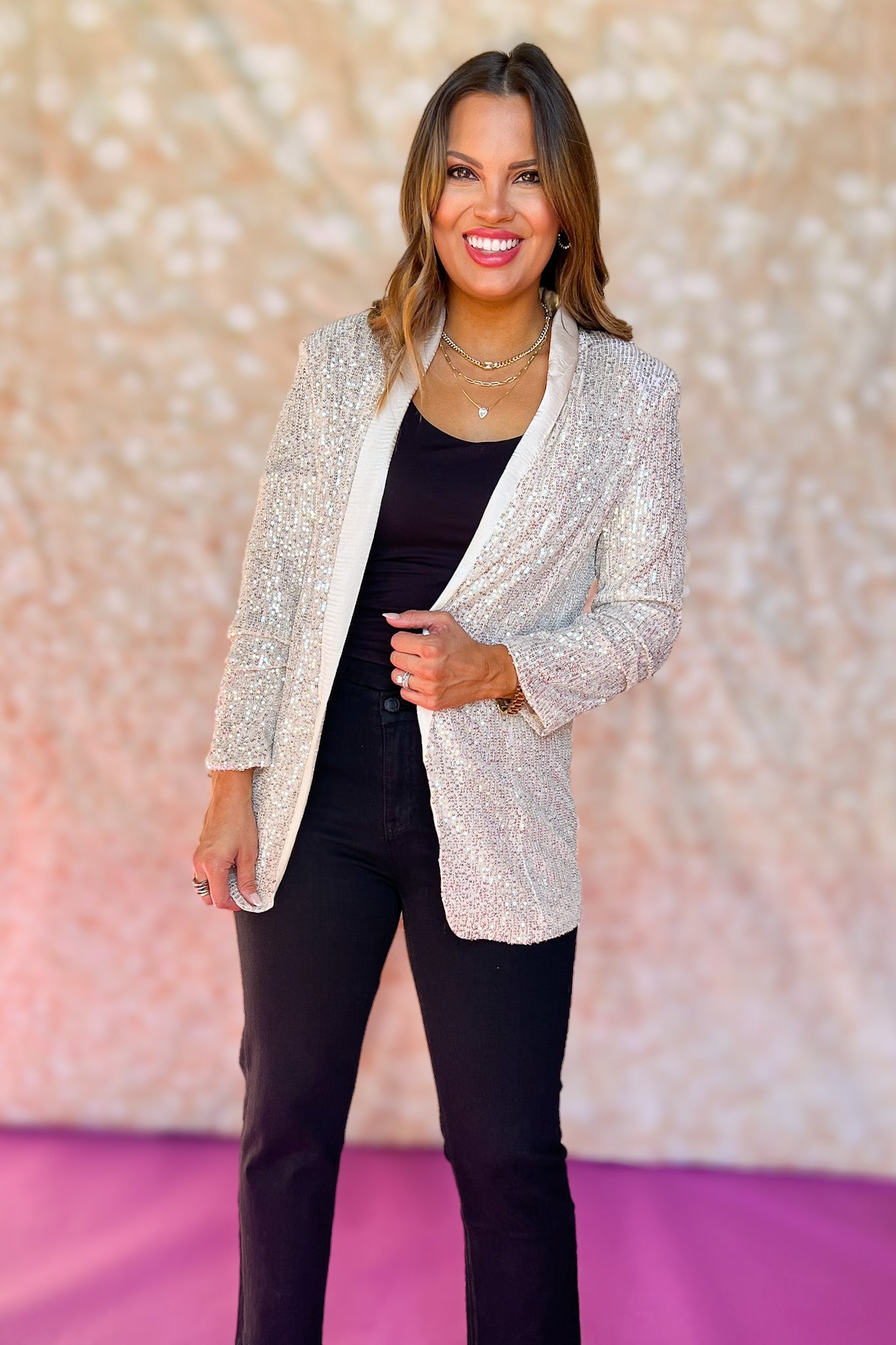 Silver Sequin Long Shawl Collar Blazer