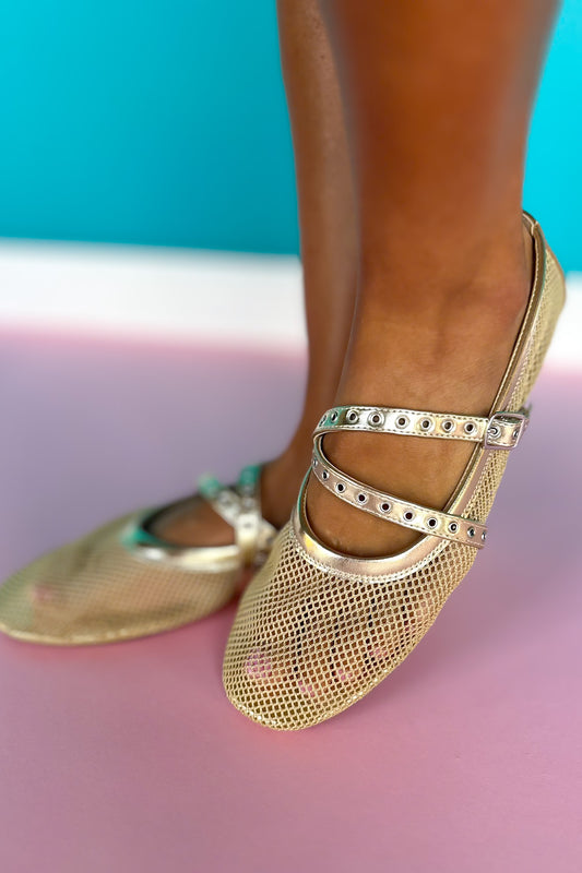Gold Metallic Fishnet Nylon Mesh Crossover Ballet Flats