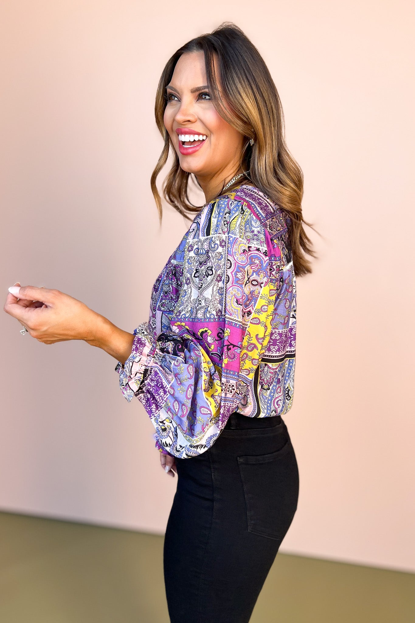 Purple Paisley Patchwork Print Peasant Sleeve Top *FINAL SALE*