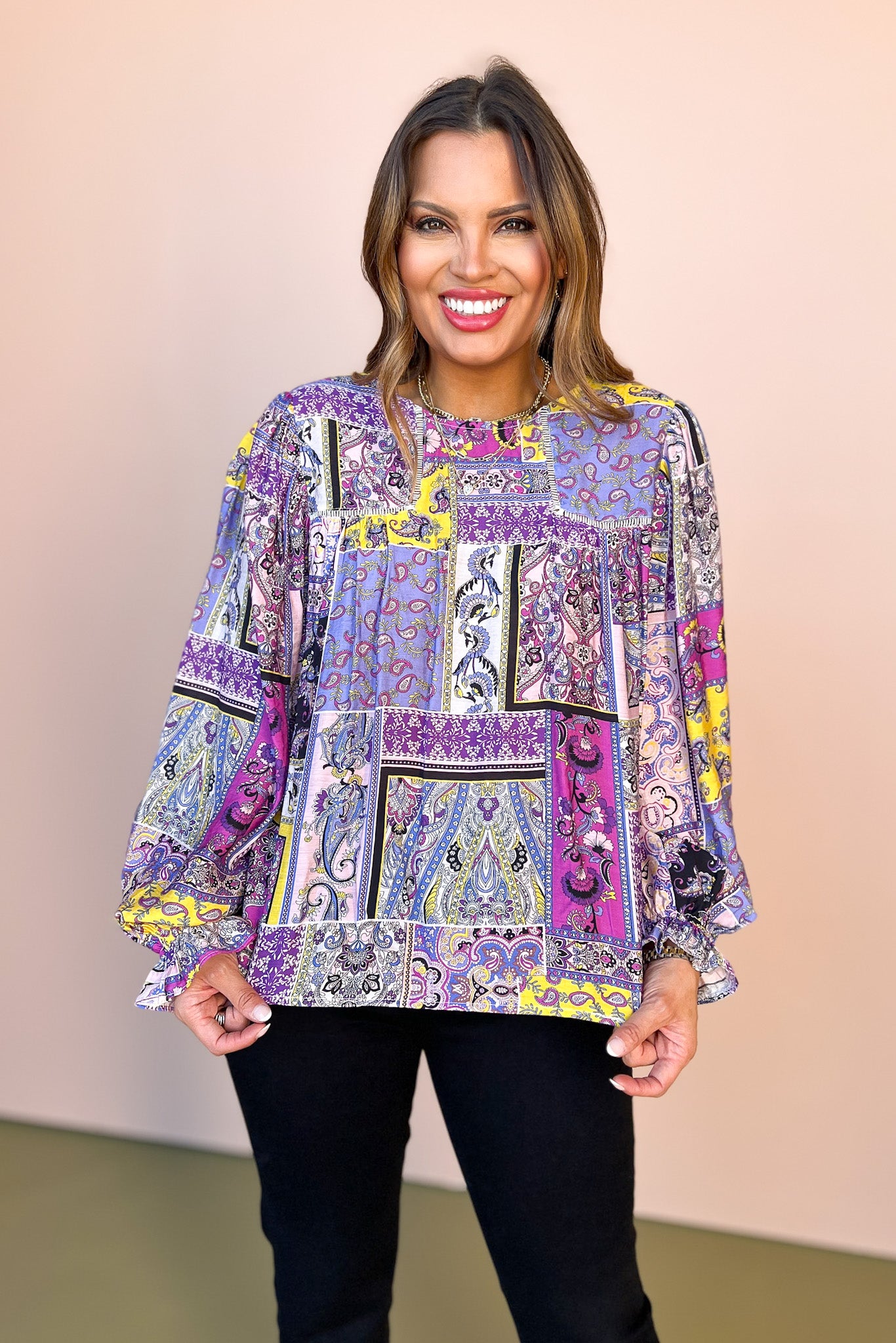 Purple Paisley Patchwork Print Peasant Sleeve Top *FINAL SALE*