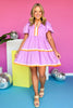 Lilac Contrast Stripe Trim V Neck Puff Sleeve Dress