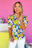 Blue Floral Print Multicolor Stripe Band Accent Top