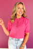 SSYS Bonnie Short Sleeve Ruffle Button Sweater In Dark Pink