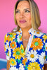 Blue Floral Print Multicolor Stripe Band Accent Top