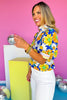 Blue Floral Print Multicolor Stripe Band Accent Top