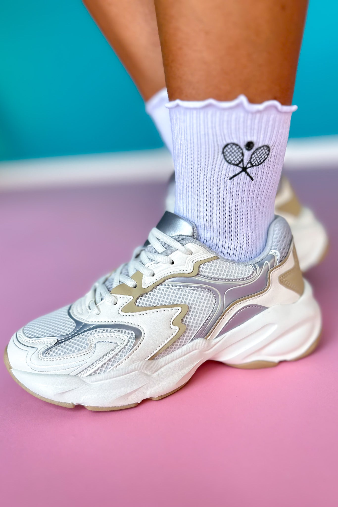 SSYS Green Embroidered Tennis Racket Ruffle Socks