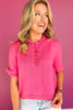 SSYS Bonnie Short Sleeve Ruffle Button Sweater In Dark Pink