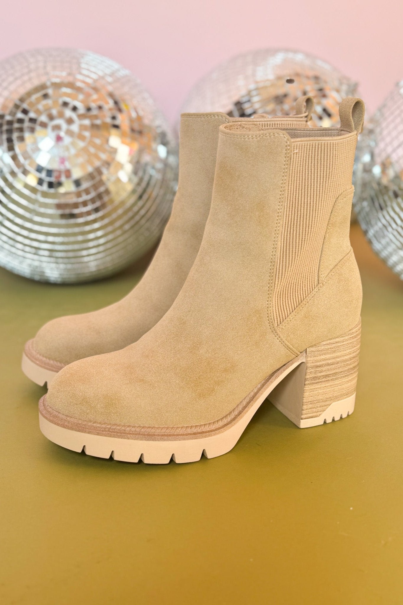 Sand Elastic Panel Stack Heel Booties