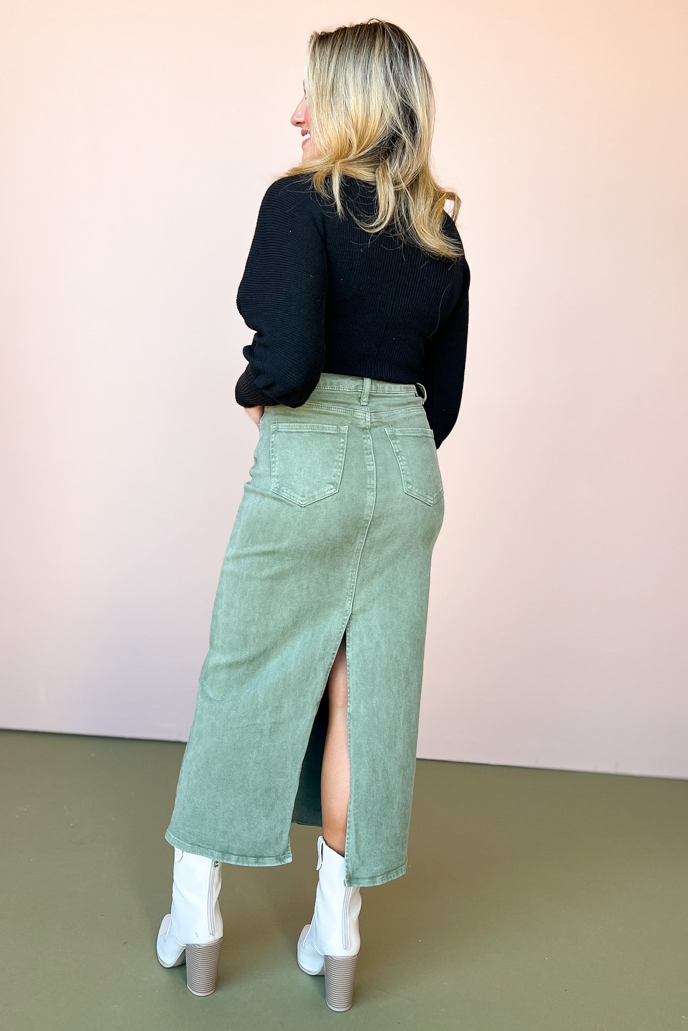 Risen Olive Green High Rise Back Slit Maxi Denim Skirt *FINAL SALE*