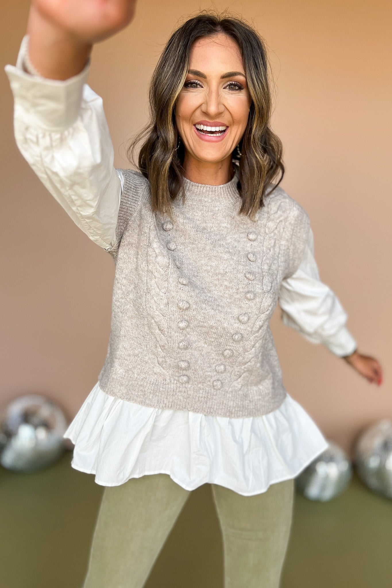  Taupe Pom Pom Detail Poplin Twofer Sweater, twofer top, must have top, must have style, fall style, fall fashion, elevated style, elevated top, mom style, shop style your senses by mallory fitzsimmons, ssys by mallory fitzsimmons