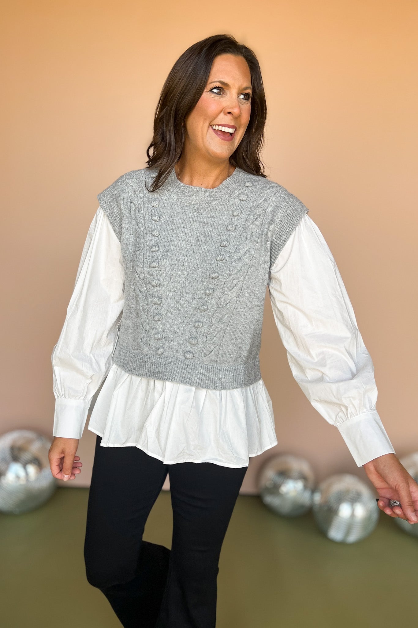  Grey Pom Pom Detail Poplin Twofer Sweater, twofer top, poplin top, must have top, must have style, fall style, fall fashion, elevated style, elevated top, mom style, shop style your senses by mallory fitzsimmons, ssys by mallory fitzsimmons