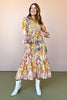 Ivory Multi Print Collared Button Down Sash Tie Tiered Midi Dress