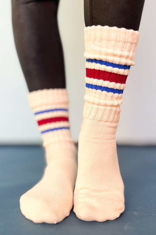 Red Blue Stripe Cream Chunky Knit Socks