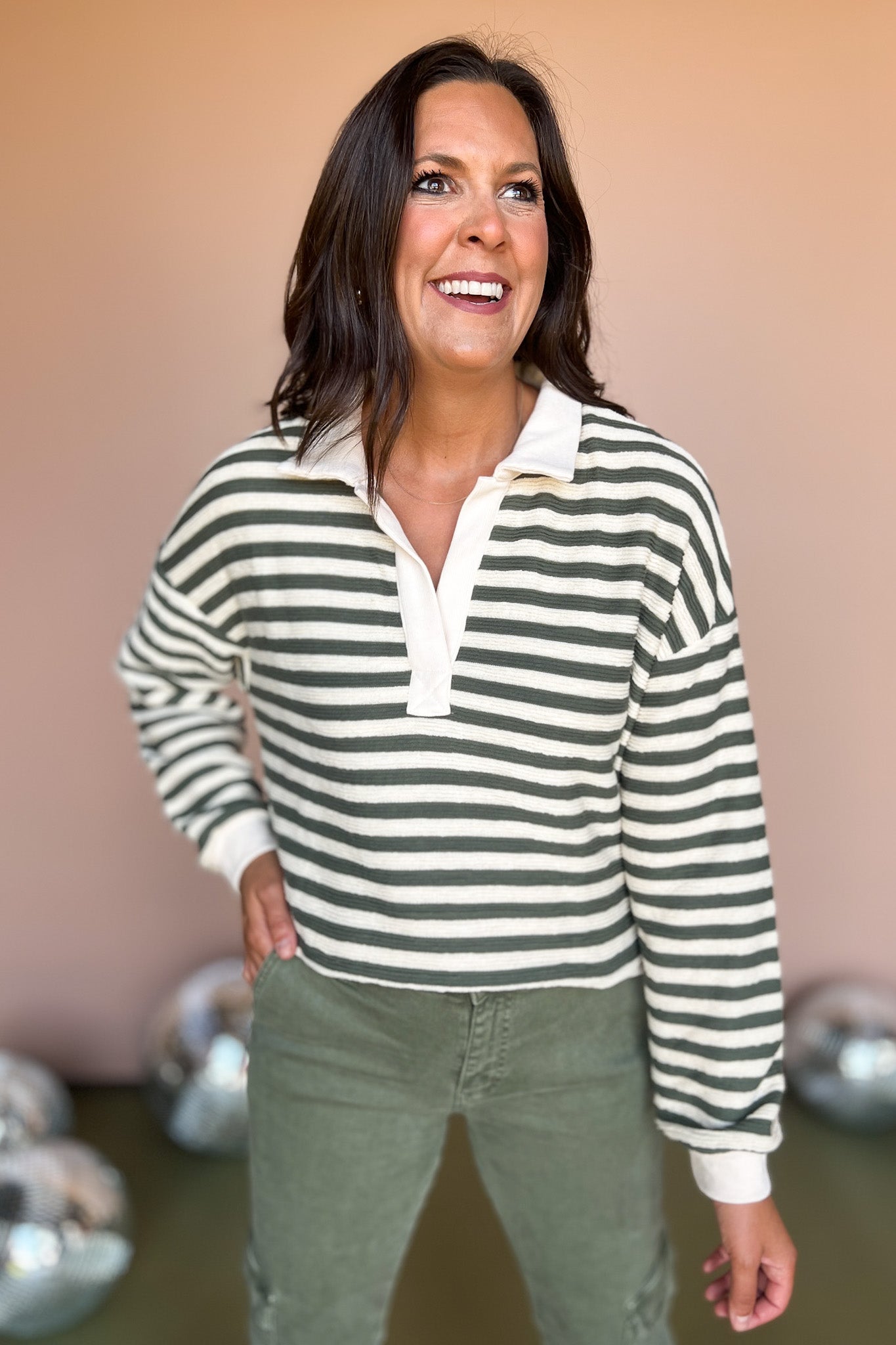 Olive Striped Collared Side Slit Top, striped top, must have top, must have style, fall style, fall fashion, elevated style, elevated top, mom style, shop style your senses by mallory fitzsimmons, ssys by mallory fitzsimmons