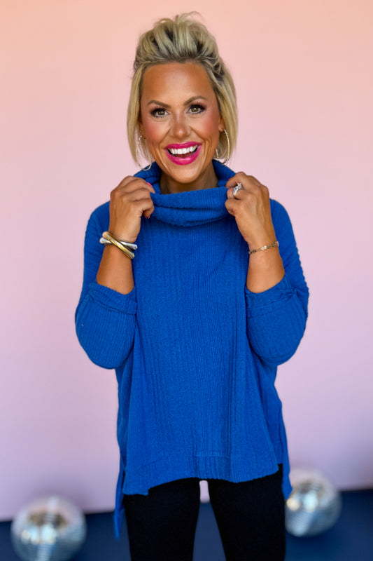 Blue Ribbed Knit Cowl Neck Side Slit High Low Top, must have top, must have style, fall style, fall fashion, elevated style, elevated style, mom style, shop style your senses by mallory fitzsimmons, ssys by mallory fitzsimmons