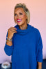 Blue Ribbed Knit Cowl Neck Side Slit High Low Top *FINAL SALE*