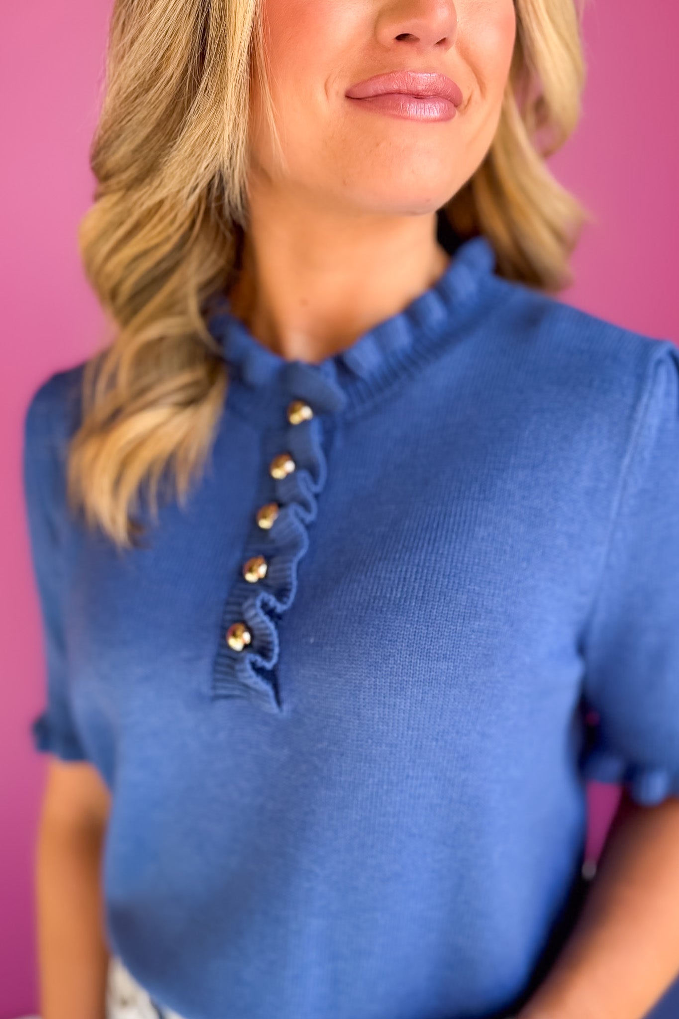 SSYS Bonnie Short Sleeve Ruffle Button Sweater In Cornflower