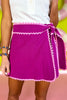 SSYS Skylar Ric Rac Trim Linen Wrap Skort In Orchid, tie waist, built in shorts, vibrant, spring, cute, feminine, exclusive design, ssys by mallory fitzsimmons