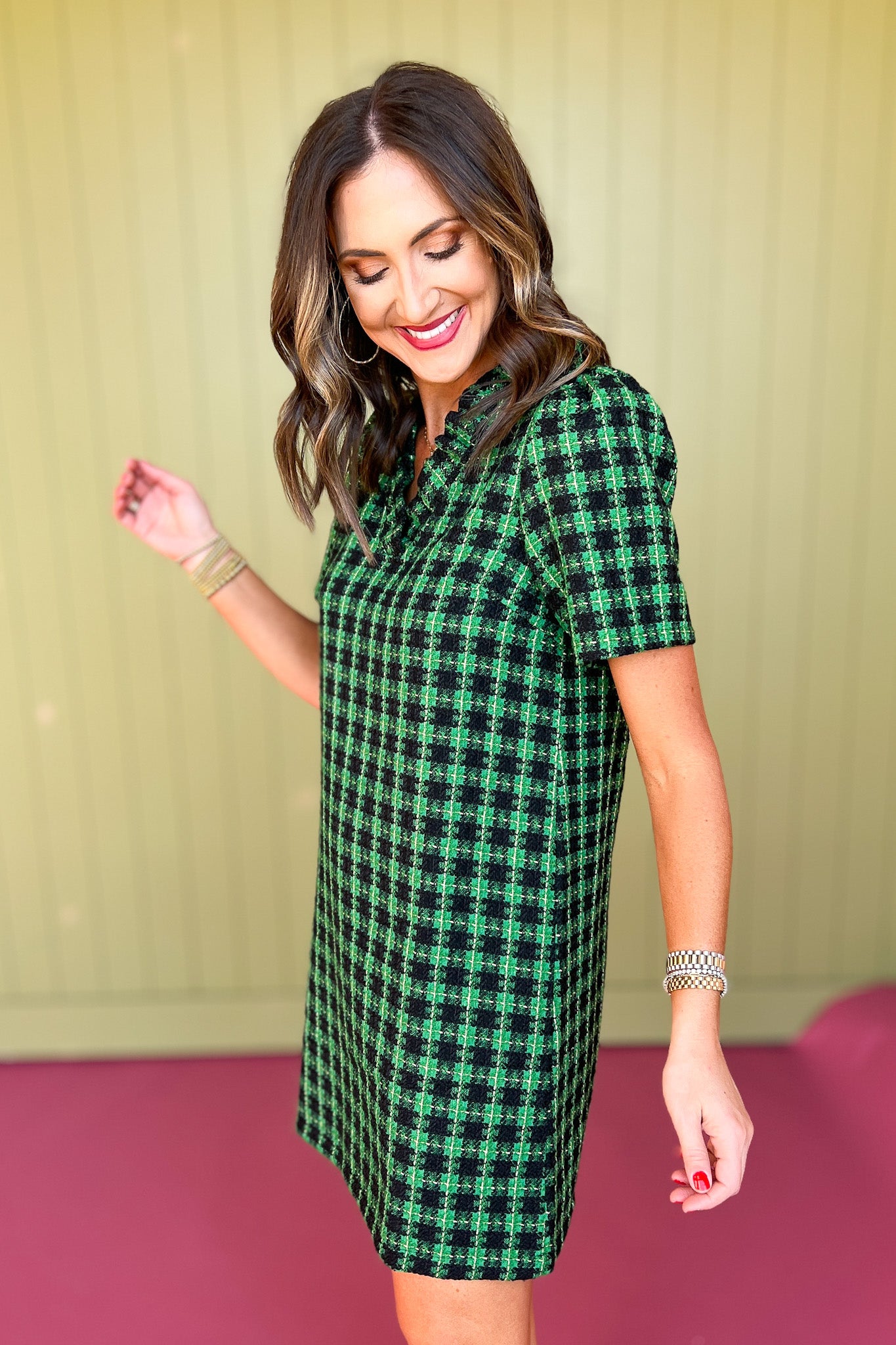 Green Plaid Tweed Ruffle V Neck Short Sleeve Dress *FINAL SALE*