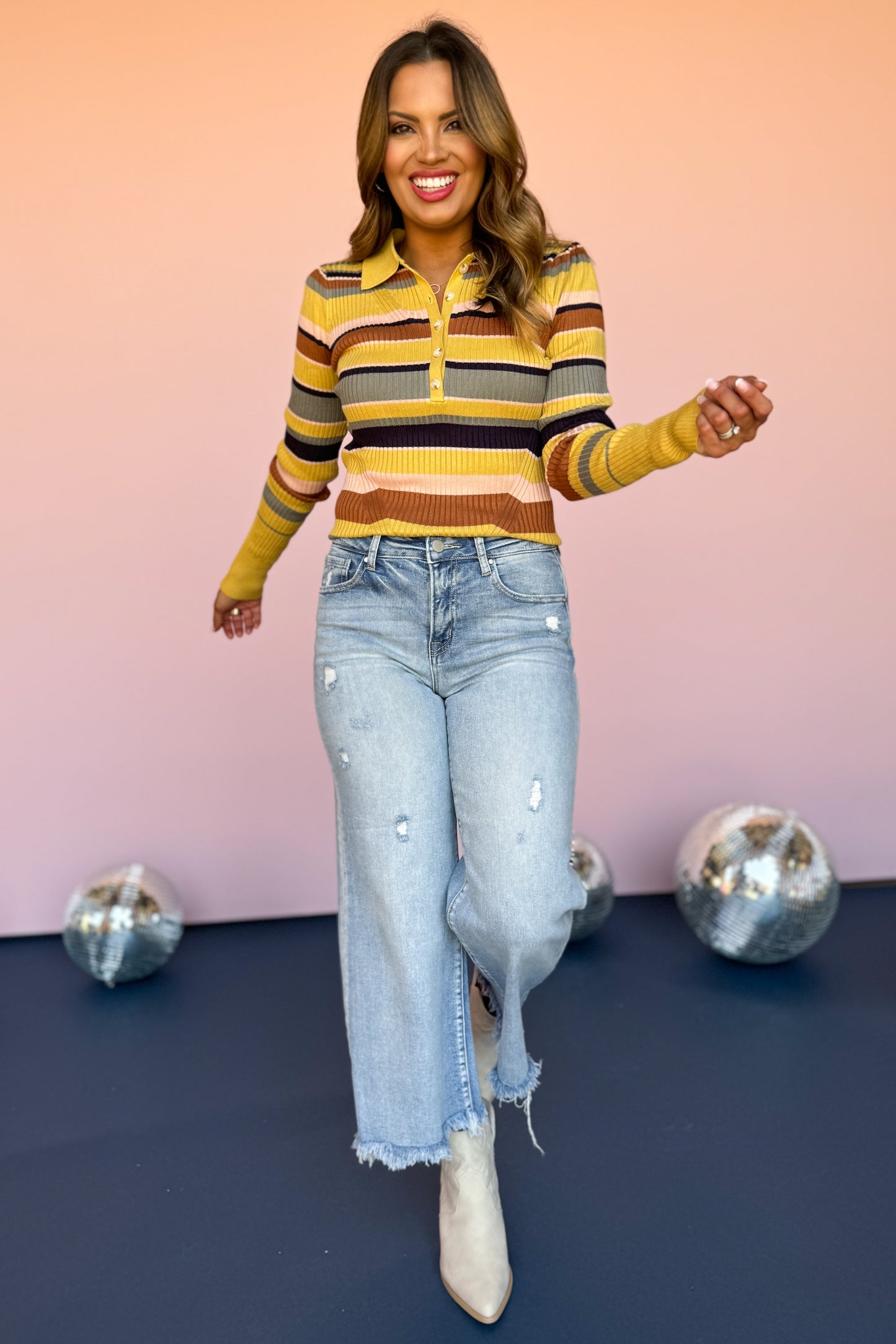 Yellow Multi Knit Stripe Collared Sweater, fall sweater, trendy sweater, stripe sweater, sweater inspo, fall sweater inspo, mustard yellow sweter, chic sweater, everyday sweater, everyday stripe fall sweater, elevated basics, SSYS by mallory fitzsimmons 