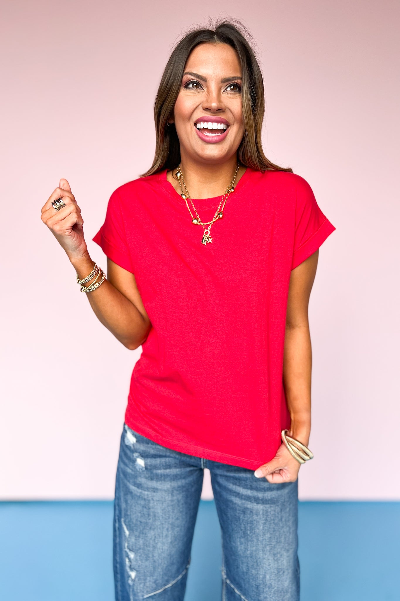 Red Folded Sleeve Top, summer, vibrant color, casual top, easy, ssys by mallory fitzsimmons