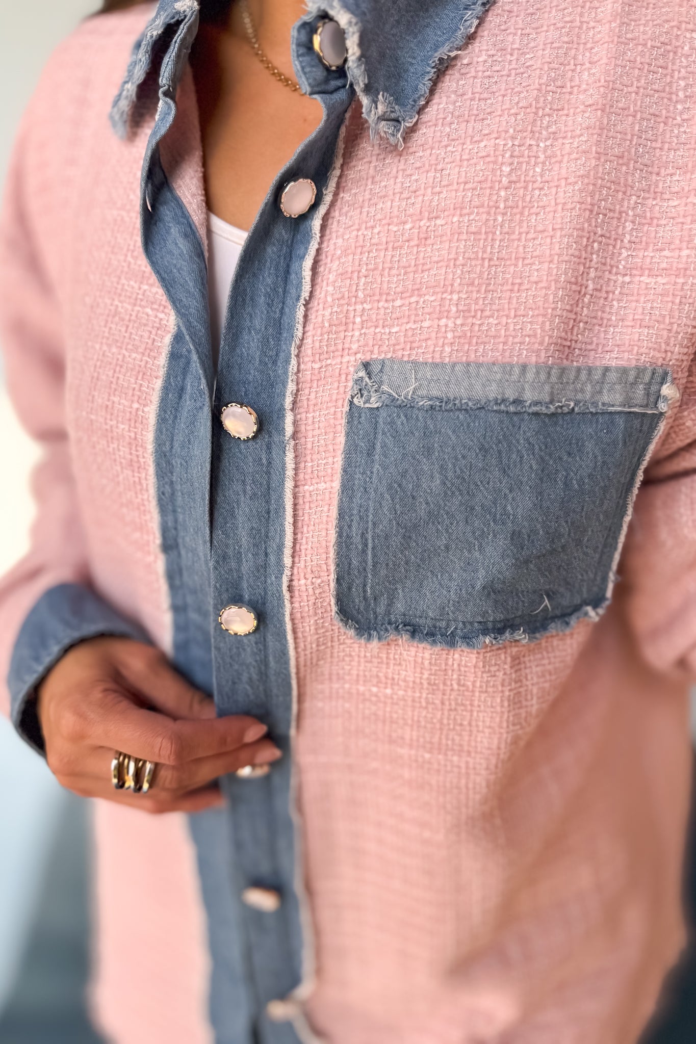 Pink Plaid Denim Contrast Unfinished Hem Shacket